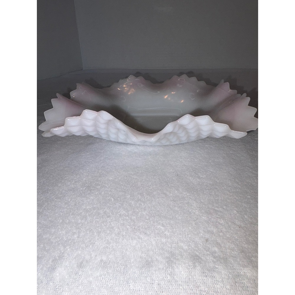 Fenton Pink Crest Hobnail Milk Glass Square Ruffled Bowl Vintage Sawtooth Edge - Picture 5 of 8